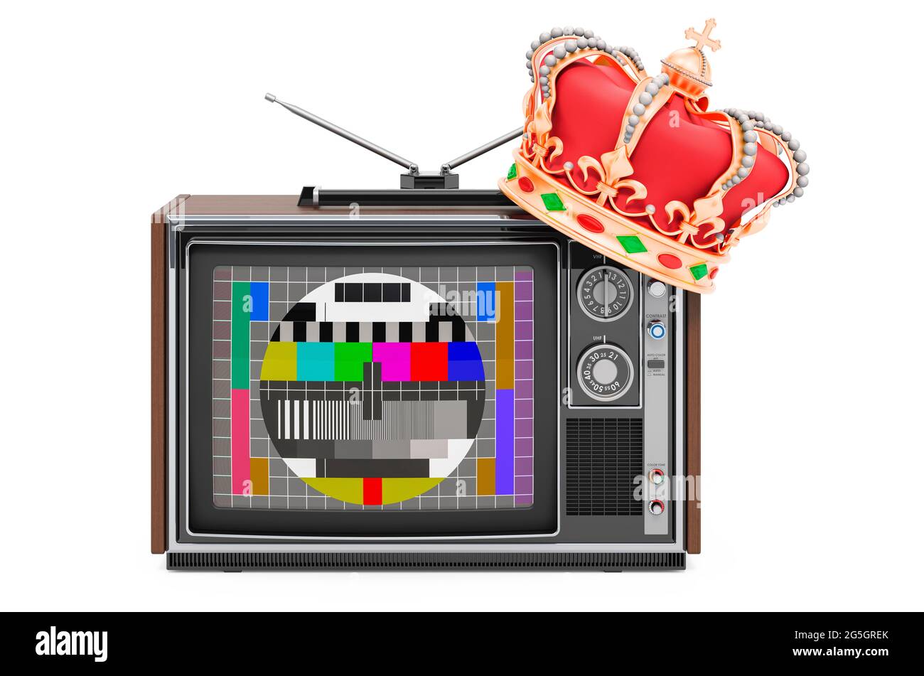 Téléviseur avec couronne dorée, rendu 3D isolé sur fond blanc Banque D'Images Téléviseur avec couronne dorée, rendu 3D isolé sur fond blanc Banque D'Images