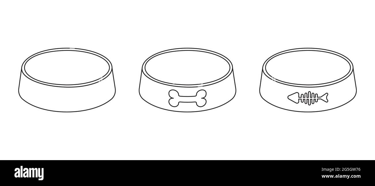 Icônes de contour des bols vides pour animaux de compagnie. Plaques en plastique ou en métal pour chiens et chats isolées sur fond blanc. Contour modifiable. Illustration vectorielle de style linéaire. Illustration de Vecteur