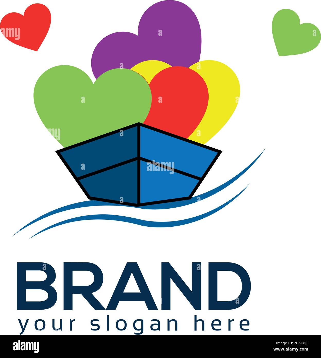 Modèle de logo bateau et amour, icône de vecteur. Le navire transporte beaucoup de suiveurs Illustration de Vecteur