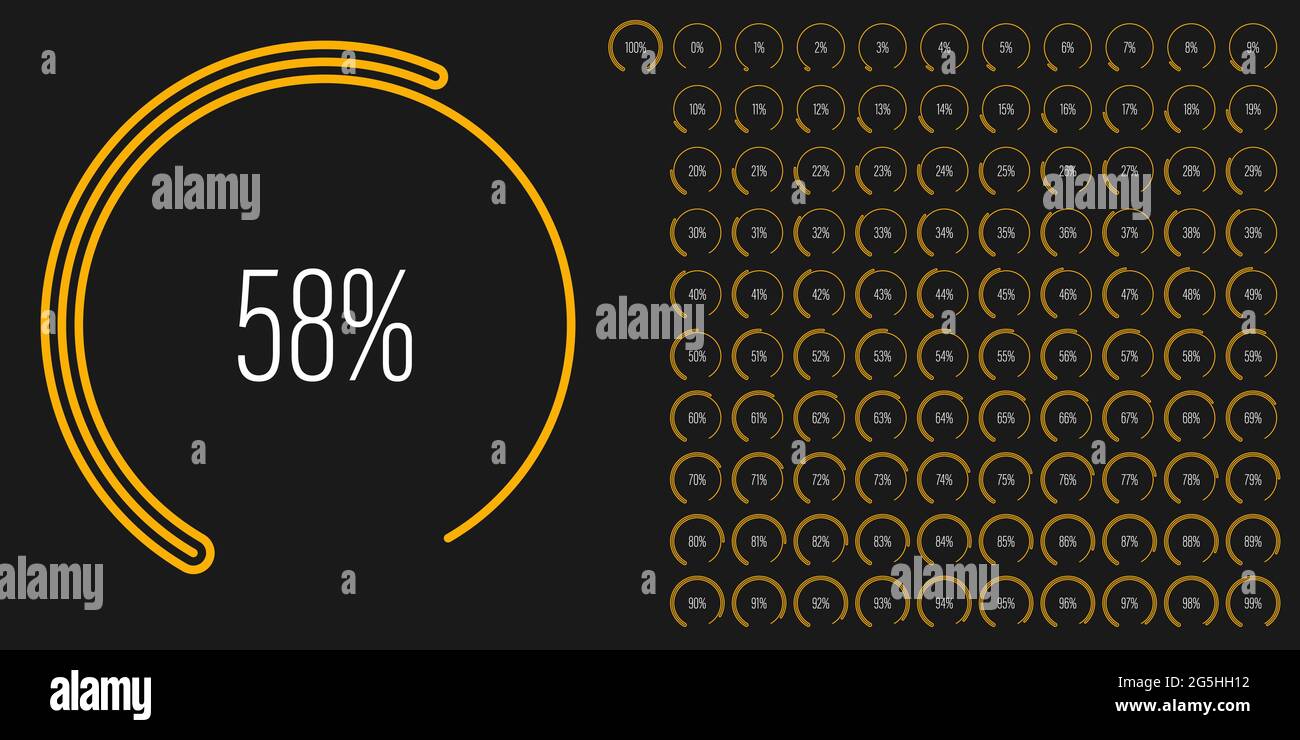 Ensemble de diagrammes de pourcentage de secteur circulaire de 0 à 100 mètres prêts à l'emploi pour la conception Web, l'interface utilisateur ou l'infographie avec concept de ligne - indi Illustration de Vecteur