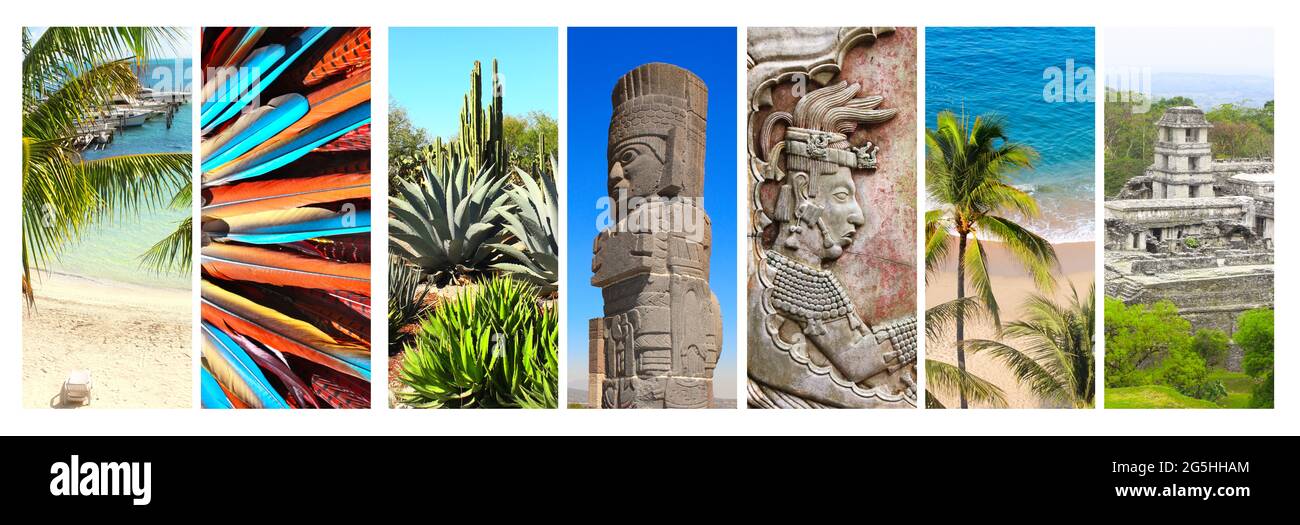 Collection de bannières verticales avec des sites célèbres du Mexique. Ruines du palais royal, bas-relief du roi maya Pakal, civilisation maya pré-colombienne Banque D'Images