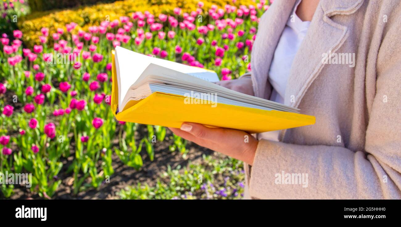 Un livre jaune dans les mains d'une fille sur un fond flou de fleurs sur la rue. Lecture de publicités. Banque D'Images