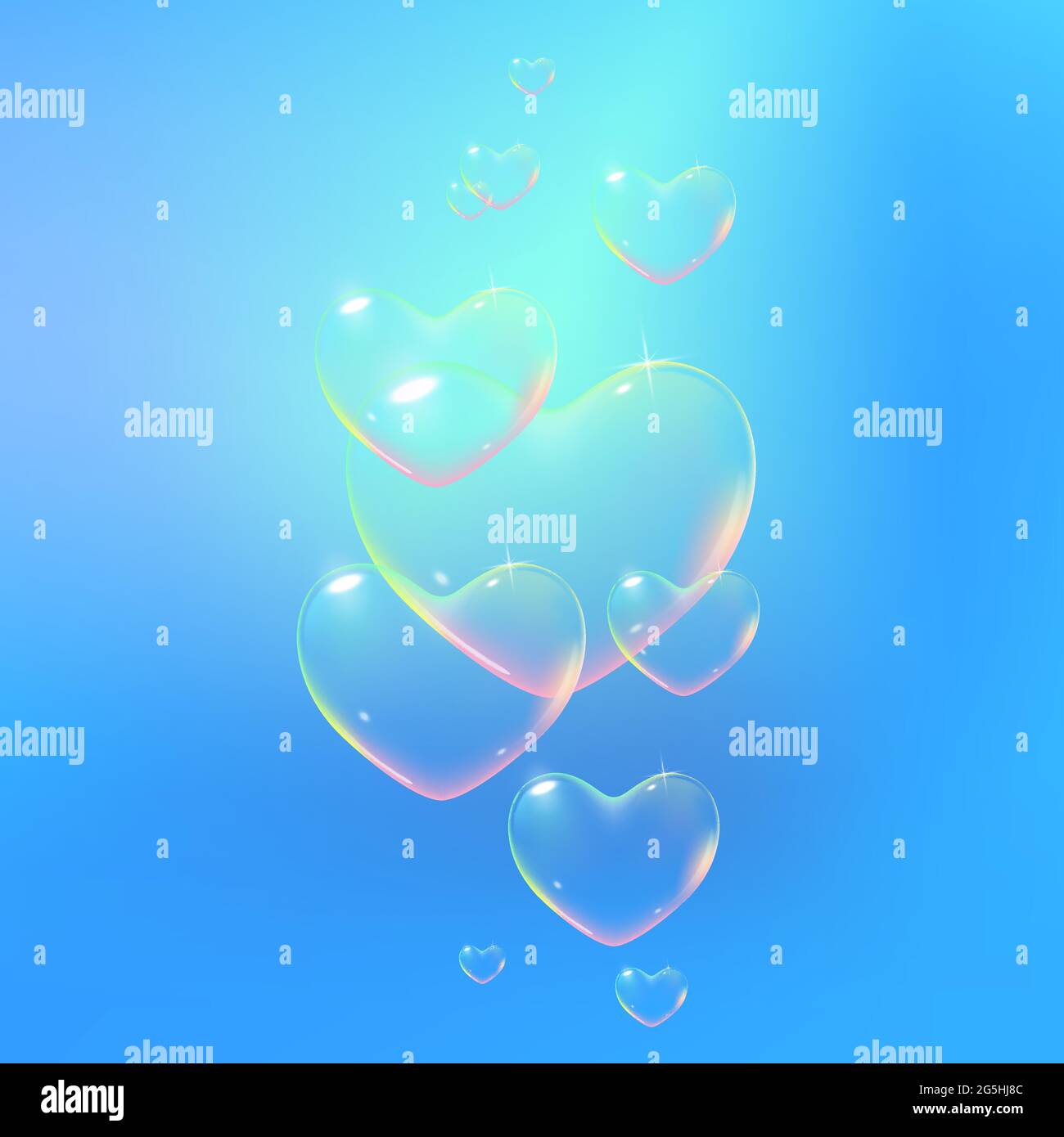 Magnifique fond bleu avec des bulles de savon en forme de coeur de couleur arc-en-ciel. Illustration vectorielle Illustration de Vecteur