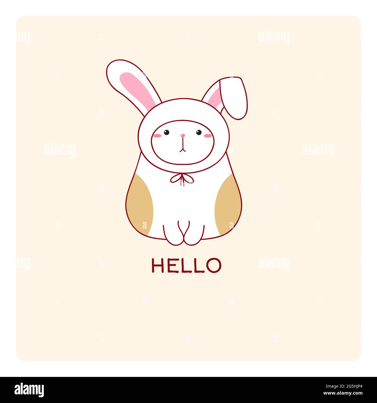 Carte de vœux carrée avec chat gras mignon dans un chapeau avec oreilles de lapin et inscription Bonjour. Illustration vectorielle EPS8 Illustration de Vecteur