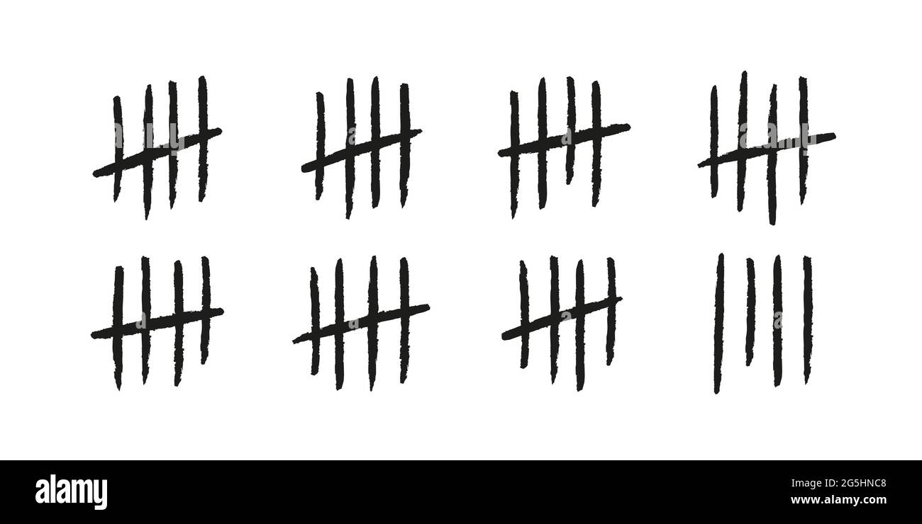 Marques tally. Lignes ou bâtons dessinés à la main triés par quatre et barrés. Visualisation mathématique simple du comptage, comptoir de prison ou de mur de prison. Vecteur Illustration de Vecteur