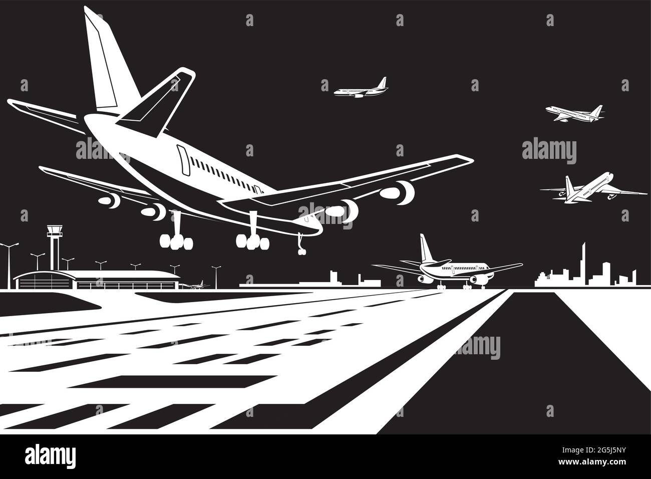 Atterrissage et décollage d'avions à l'aéroport la nuit - illustration vectorielle Illustration de Vecteur