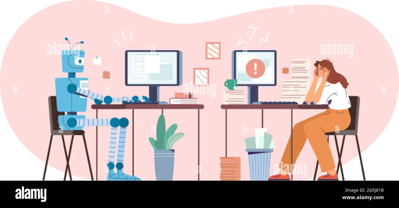 Illustration du vecteur plan robot par rapport à l'illustration du vecteur plan humain. Machine robotique et femme fatiguée travaillant à l'ordinateur dans le bureau. Humanoïde contre personne. L'intelligence artificielle représente un défi pour l'employé. Technologie ai moderne. Illustration de Vecteur
