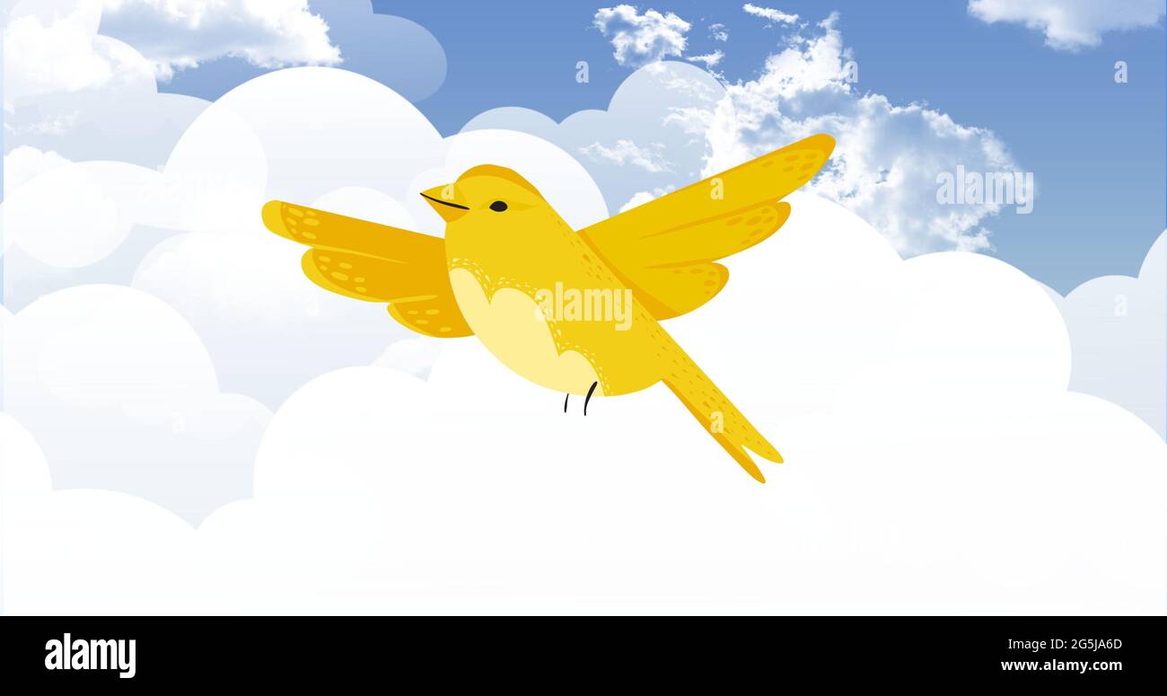 Composition de l'oiseau jaune volant contre les nuages sur fond bleu Banque D'Images
