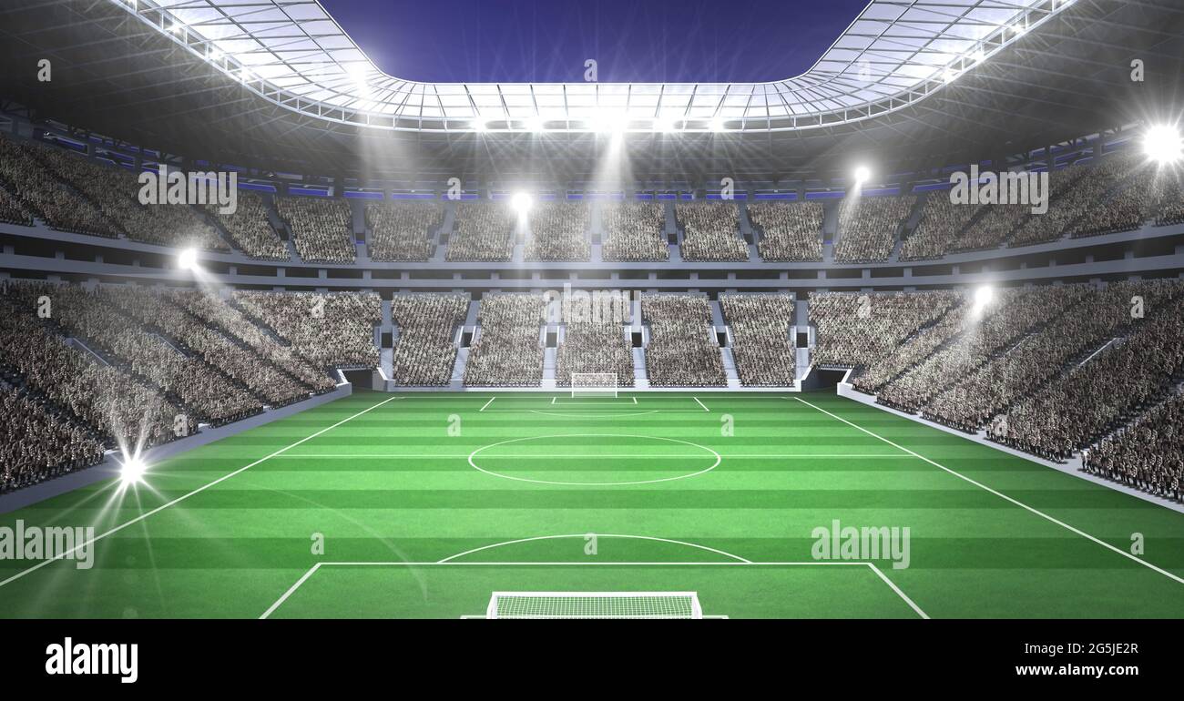 Composition d'un stade de football vide avec ciel bleu Banque D'Images