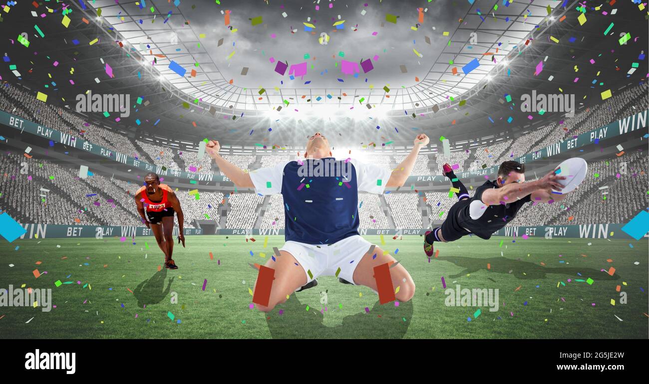 Composition des sportifs célébrant la victoire au stade avec confetti Banque D'Images