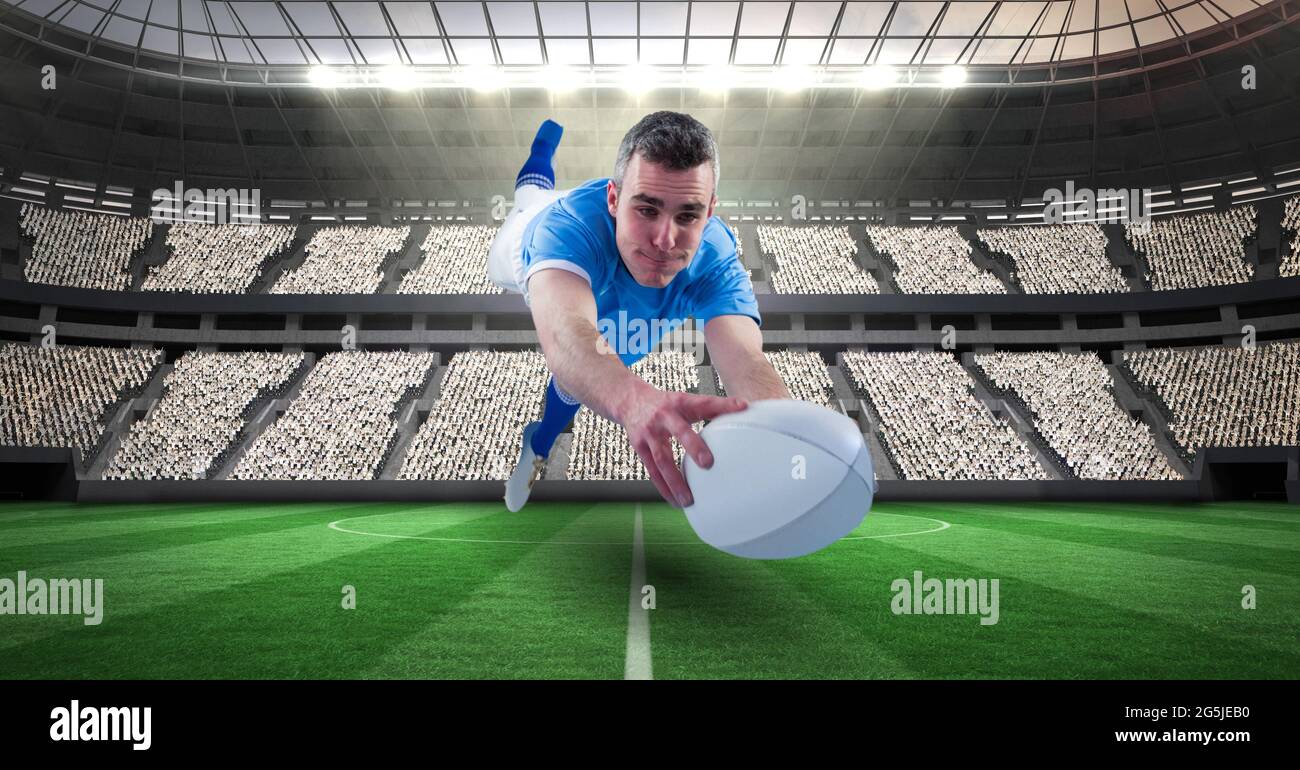 Composition d'un joueur de rugby masculin qui attrape le ballon au stade Banque D'Images