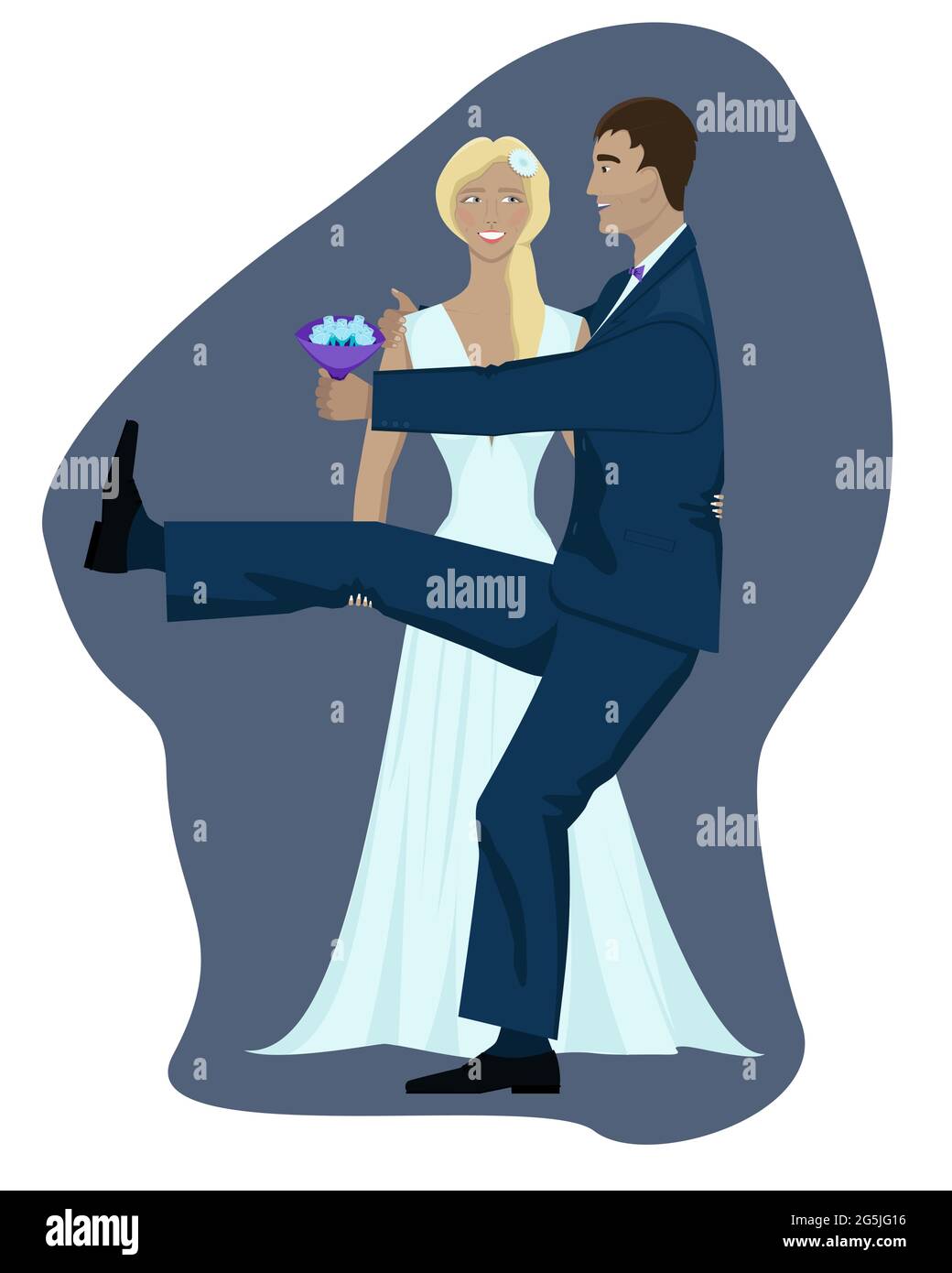 image isolée de la mariée et du marié sur fond violet et blanc. Les jeunes mariés s'amusent et plaisantent, la mariée veut prendre le marié dans ses bras Illustration de Vecteur