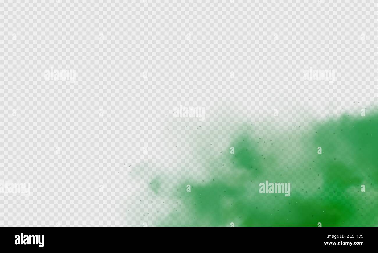 Brouillard vert ou fumée. Poussière verte avec particules. Fumée ou poussière isolée sur fond transparent. Gaz mystique abstrait. Illustration vectorielle. Illustration de Vecteur