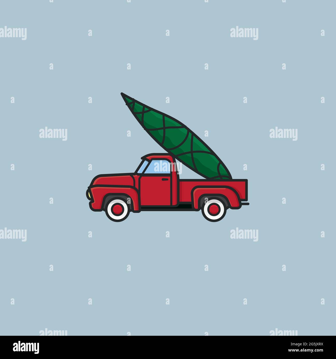 Arbre de Noël fraîchement cueilli sur un lit de pick-up vintage illustration vectorielle pour un jour d'Evergreen le 19 décembre Illustration de Vecteur
