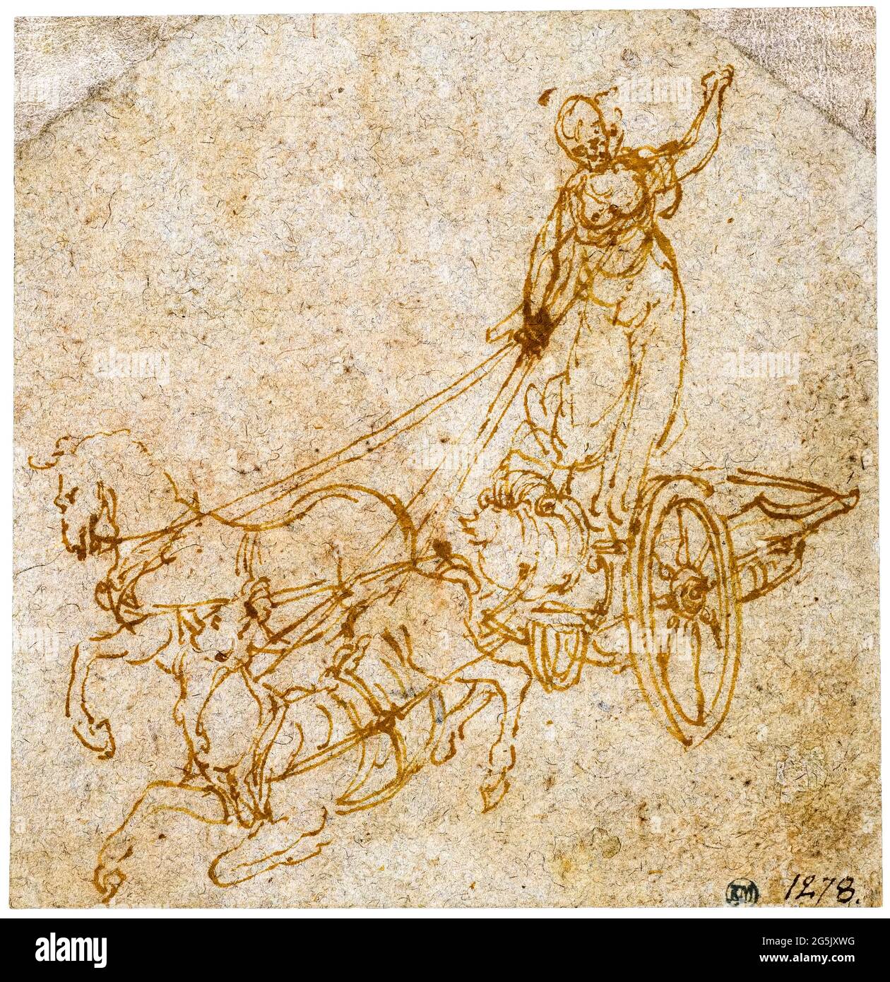 Croquis de Léonard de Vinci, Déesse debout dans un chariot dessiné par deux chevaux dont l'un tombe, dessinant avant 1519 Banque D'Images