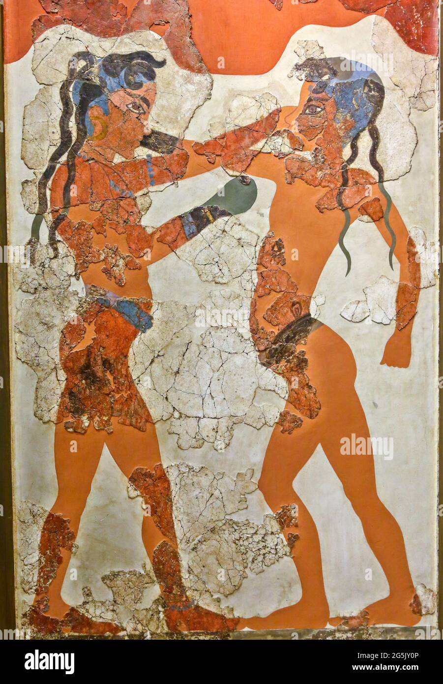 Le Akrotiri Boxer Fresco, excellent échantillon de peinture Minoan, trouvé dans l'excavation d'Akrotiri (Santorini), représentant deux jeunes garçons avec des gants de boxe. Banque D'Images