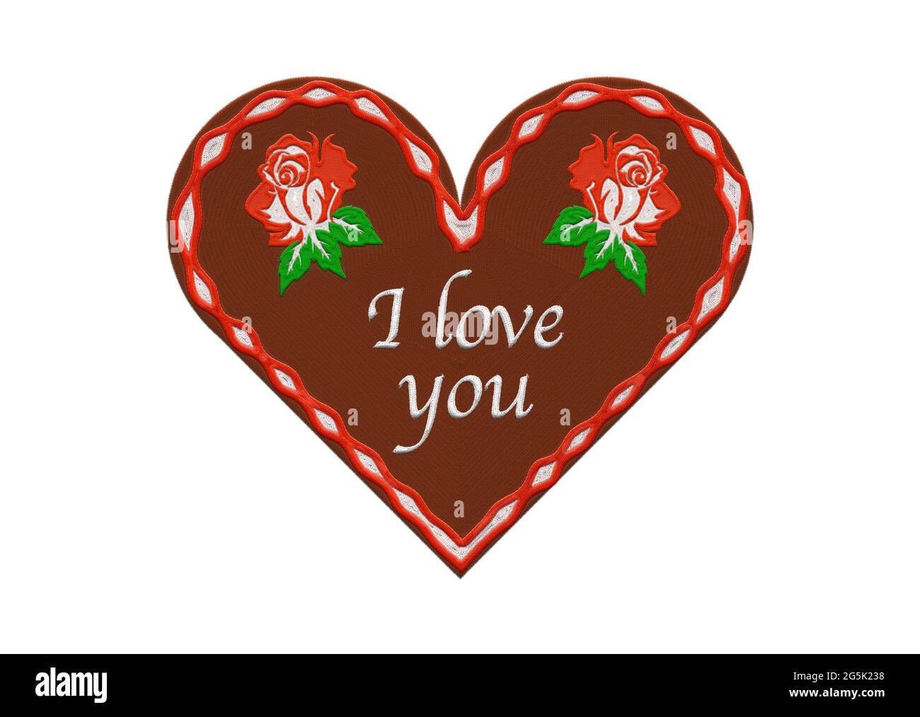 Coeur de pain d'épice brodé I Love You avec rose rouge. Banque D'Images