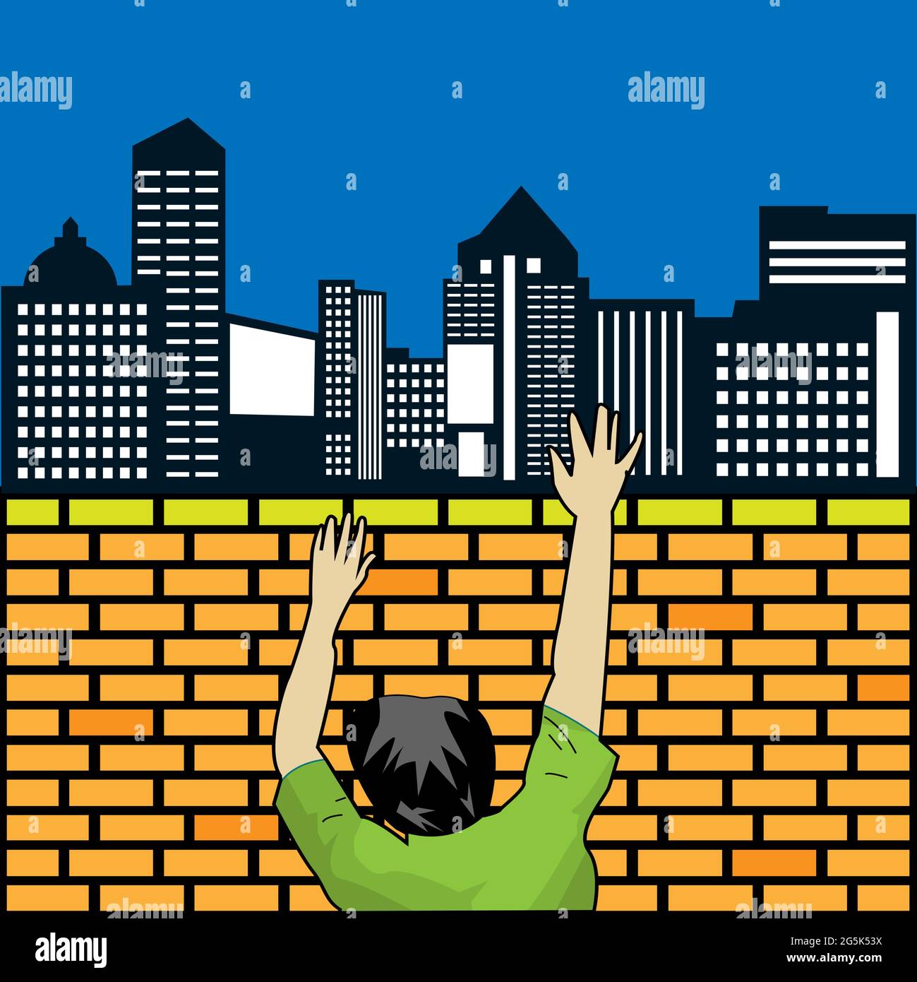 Les gens grimpent les murs de briques. Concept pour déplacé de rural à urbain à la recherche de travail. Illustration vectorielle Illustration de Vecteur
