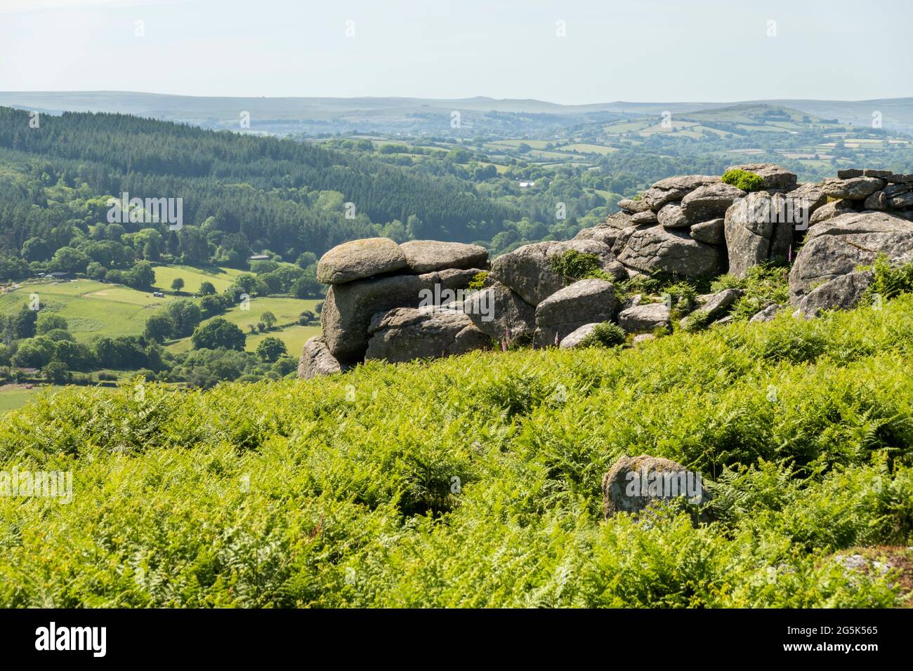 Hunter's Tor près de Lustleigh avec vue sur le paysage de Dartmoor, parc national de Dartmoor, Devon, Angleterre, Royaume-Uni, Europe Banque D'Images