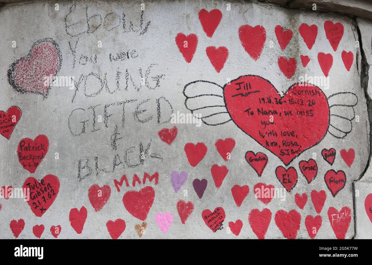 Vue sur les coeurs et les messages du mur national du Covid sur le remblai du côté sud de la Tamise, en face du Parlement. Il nous rappelle à quel point la dernière année a été difficile pour beaucoup. Le mémorial continue d'évoluer - à l'origine, un coeur a été dessiné pour chacune des 150,000 personnes qui sont mortes au Royaume-Uni pendant la pandémie. Les membres du public continuent d'ajouter des coeurs et des messages personnels à mesure que le mémorial devient un élément de la vie à Londres. Banque D'Images