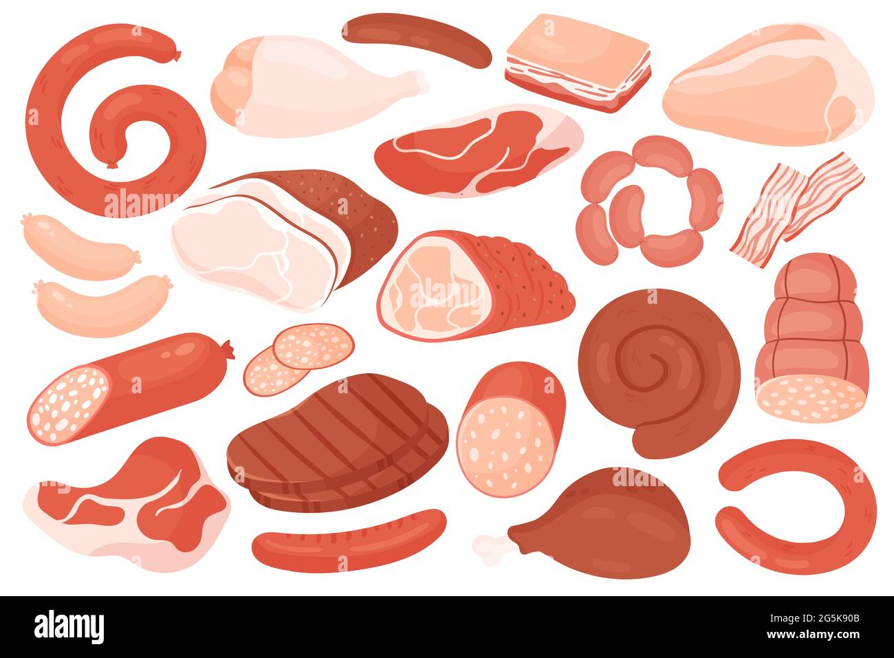 Ingrédients de viande, illustration vectorielle de l'ensemble de menus du magasin. Caricature gastronomie produit de viande pour la cuisine collection, boeuf cru, pancetta de porc rouge, filet de pattes de poulet frais et steak isolé sur blanc Illustration de Vecteur