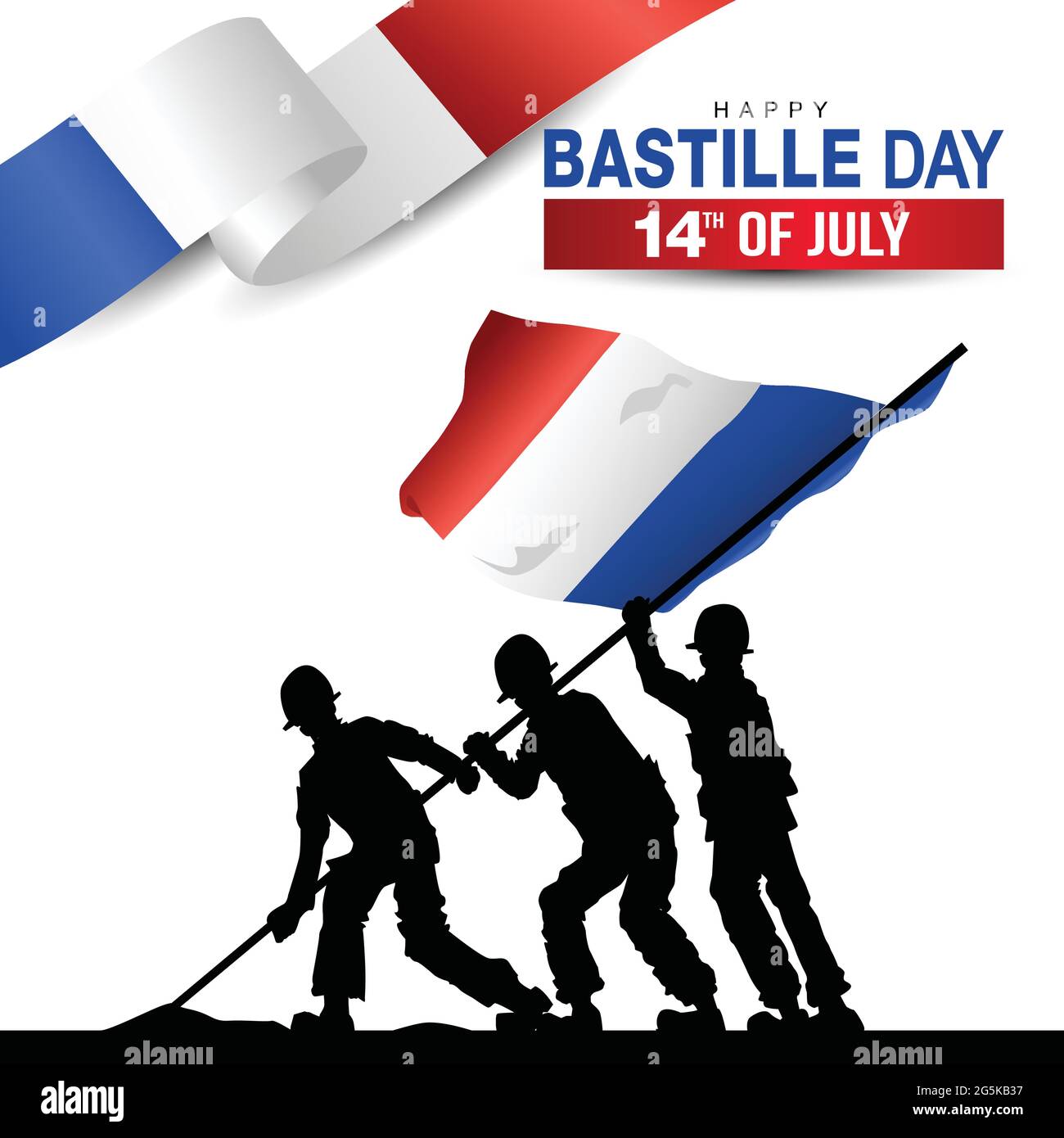 Happy bastille Day Vector Template Design Illustration. Silhouette soldats levant avec drapeau Illustration de Vecteur