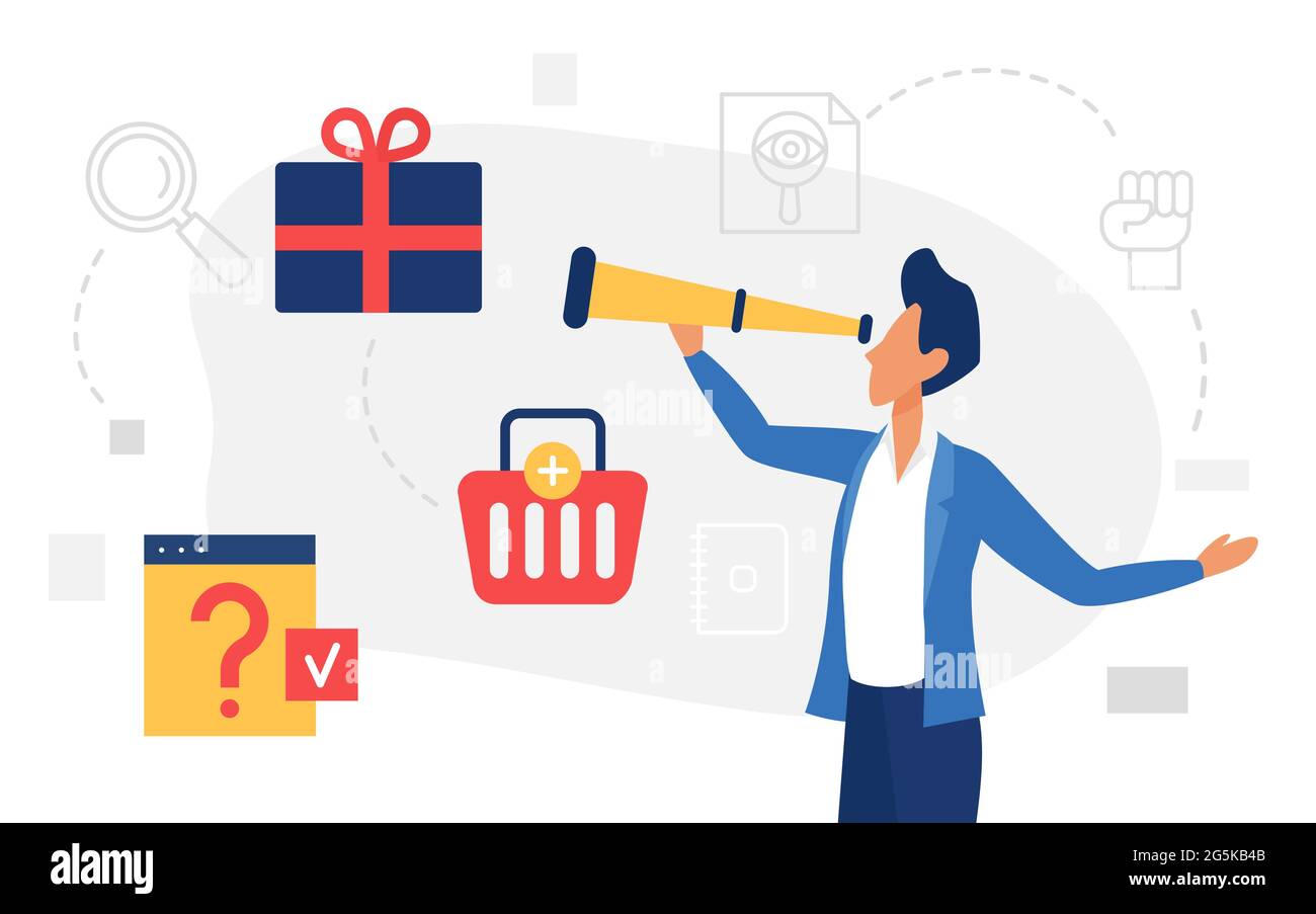 Illustration du vecteur de concept de commerce électronique en ligne. Personnage de cartoon homme shopper avec télescope à la recherche d'offres de rabais, acheter cadeau, panier, loupe fenêtre question icônes Illustration de Vecteur