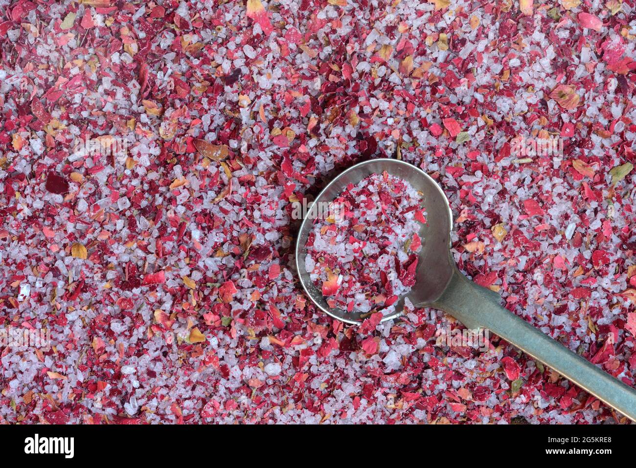 Sel de rose avec cuillère, sel de pétale de rose, Allemagne, Europe Banque D'Images