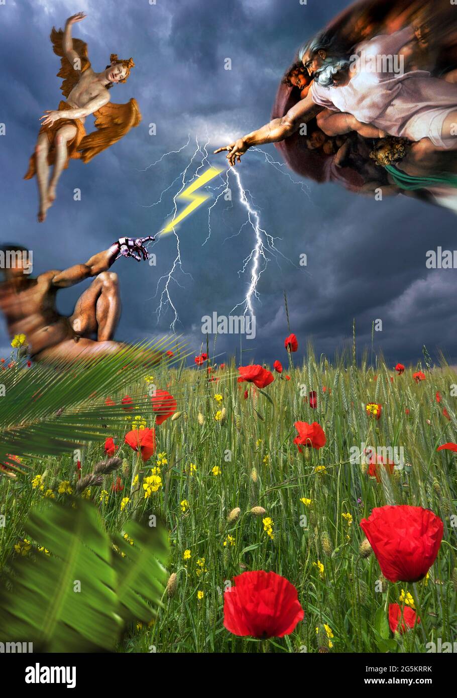 Photomontage, Michel-Ange, création d'Adam avec main robot Banque D'Images