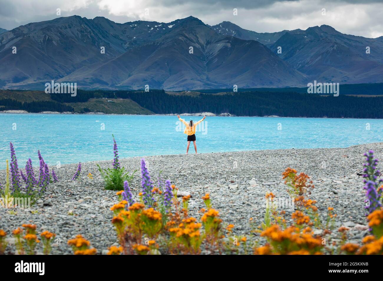 Guy à une plage au lac Tekapo, région de Canterbury, district de Mackenzie, Île du Sud, Nouvelle-Zélande, Océanie Banque D'Images