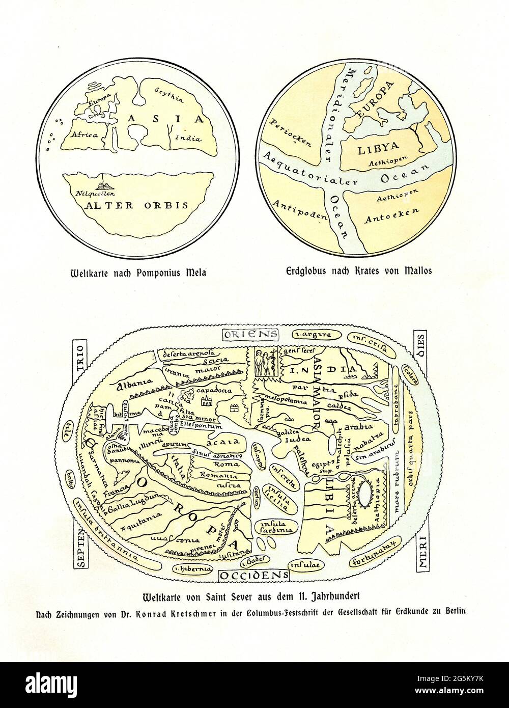 Carte du monde après Pomponius Mela, le globe après Krates von Mallos, carte du monde de Saint Sever du XIe siècle, après des dessins du Dr Konrad Kretschmer Banque D'Images