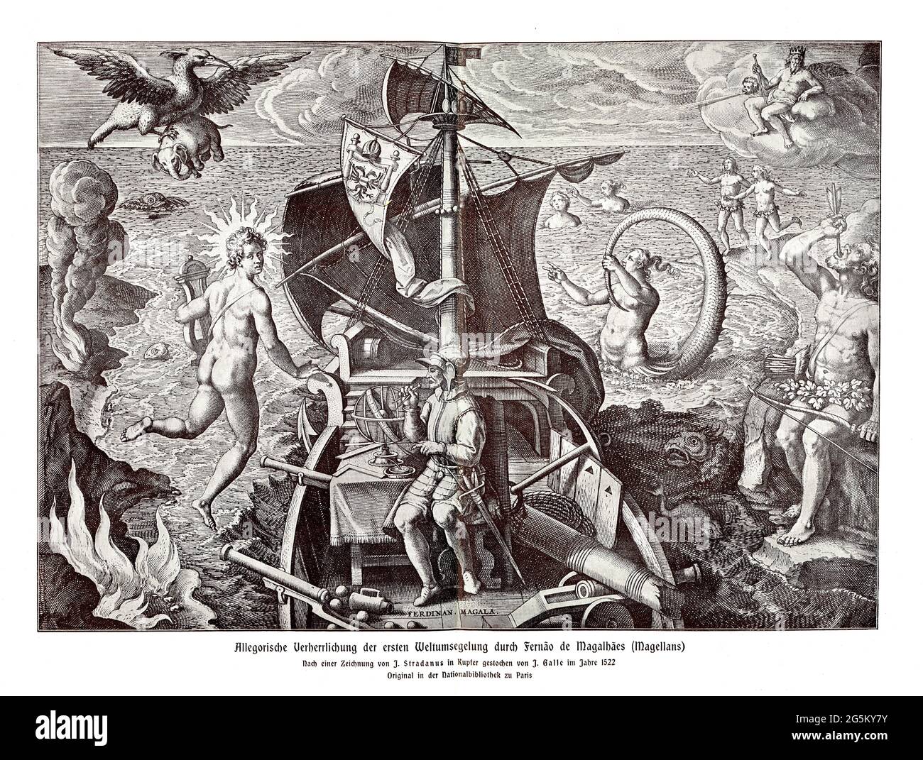 Représentation allégorique de la première circumnavigation du monde par Fernao de Magalhaes (Fernando/Ferdinand Magellan), d'après un dessin de J, Stradanus Banque D'Images