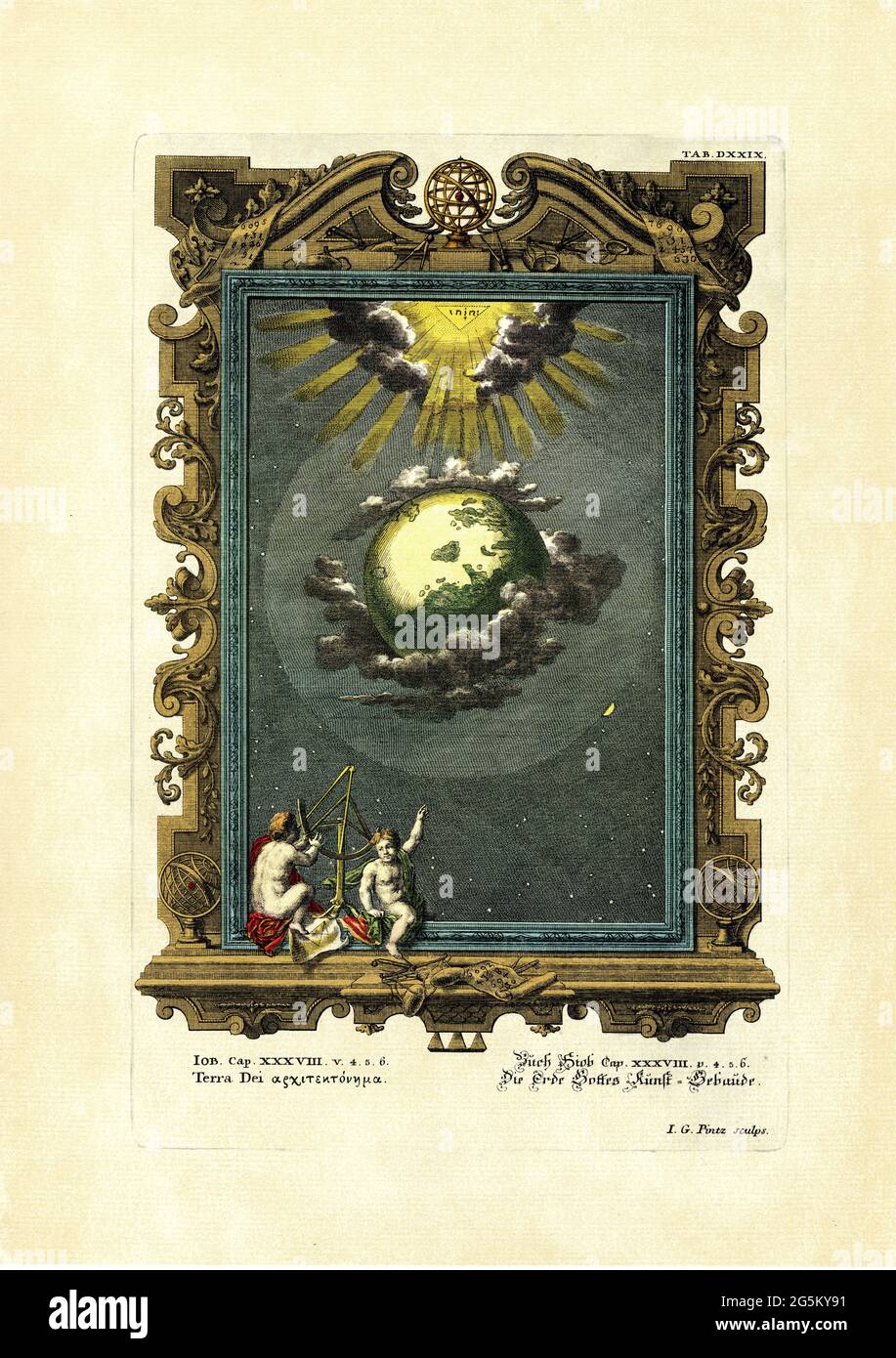 Job 38/4, 5, 6, LE bâtiment d'art du Dieu terrestre, plaque 529 de Physica sacra ou Bible de cuivre par Johann Jakob Scheuchzer (1672-1733) Banque D'Images