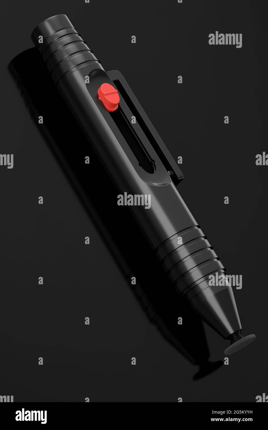 Stylo à lentille ou brosse spéciale pour le nettoyage des optiques isolées sur fond noir Banque D'Images Stylo à lentille ou brosse spéciale pour le nettoyage des optiques isolées sur fond noir Banque D'Images