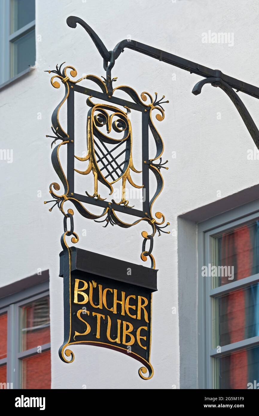 Plaque de nez avec hibou stylisé, librairie, château douvé Am Inn, haute-Bavière, Bavière, Allemagne, Europe Banque D'Images