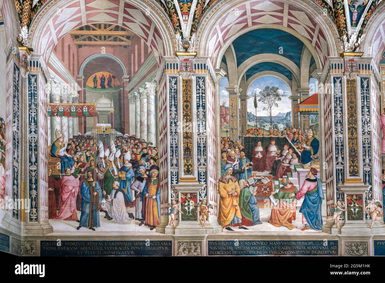 Pie II entre dans le Vatican comme souverain pontife couronné, à gauche, Pie II appelle à une croisade contre les Turcs au Conseil de Mantoue, à droite, fresques sur le li Banque D'Images