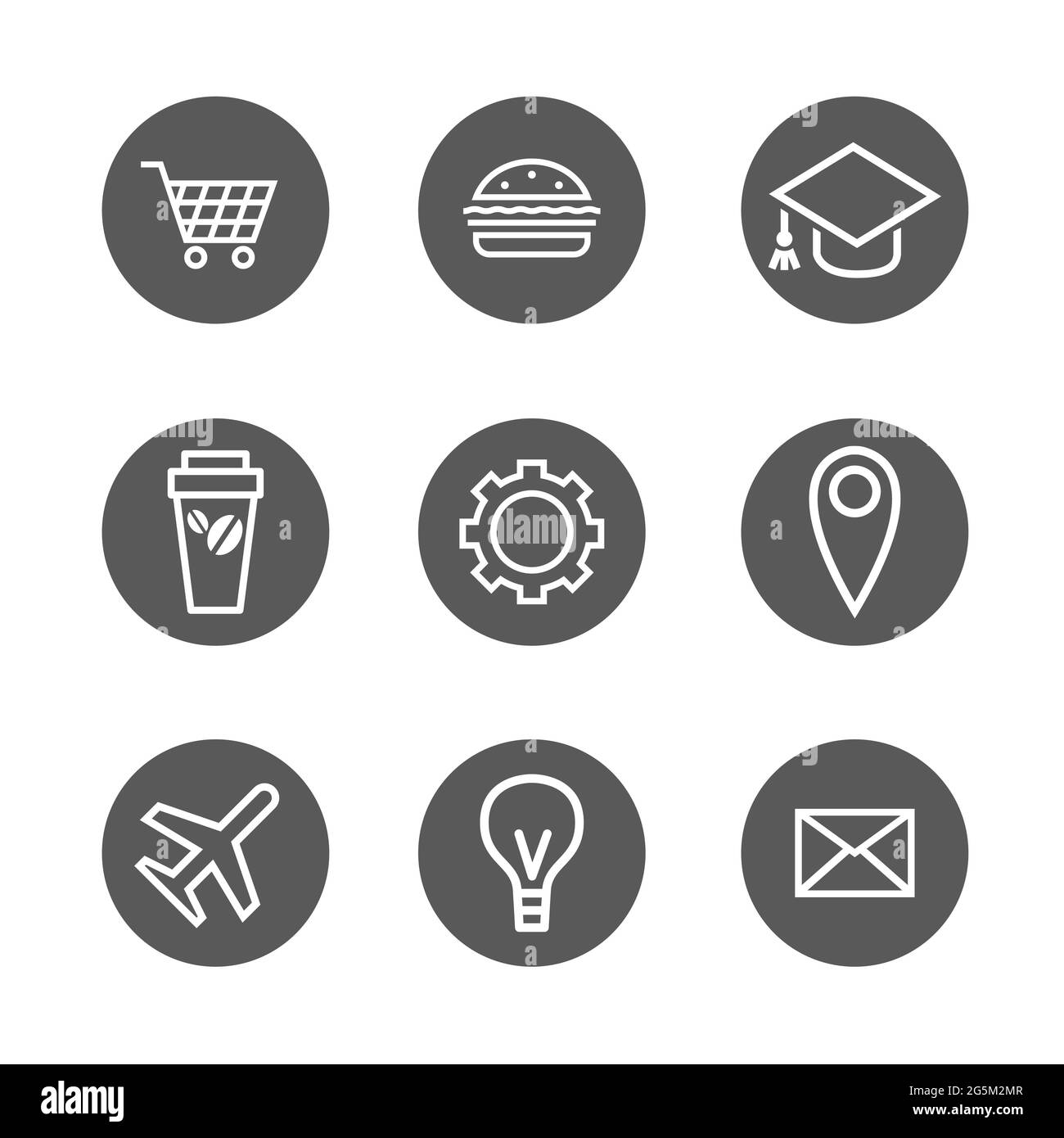 Un ensemble d'icônes rondes sur le thème de la commande de produits et de nourriture, l'achat de billets d'avion, l'éducation. Illustrations isolées en noir et blanc Banque D'Images