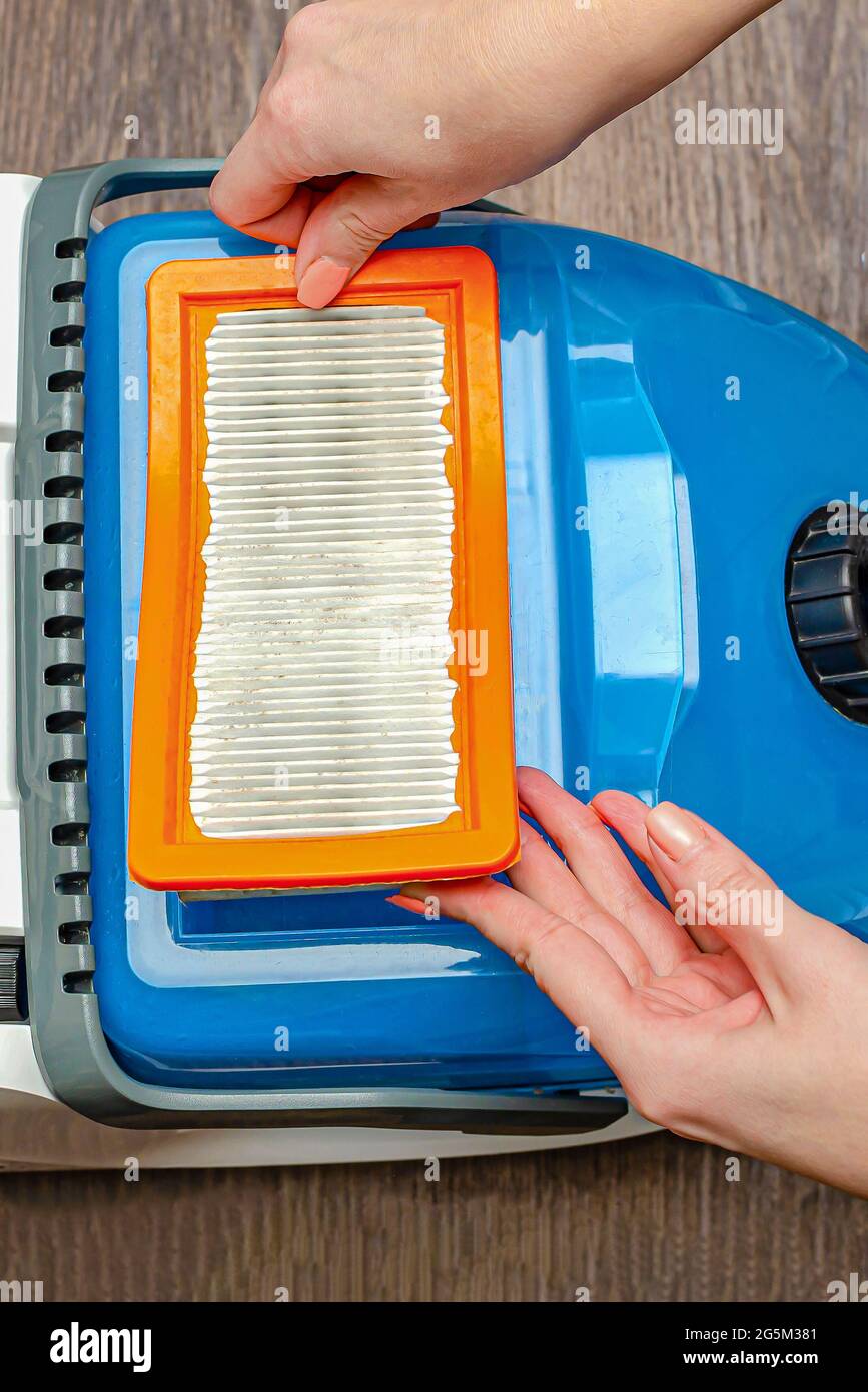 Remplacement manuel du filtre à air dans un aspirateur à laver moderne.  Retire le filtre de l'aspirateur à la main Photo Stock - Alamy