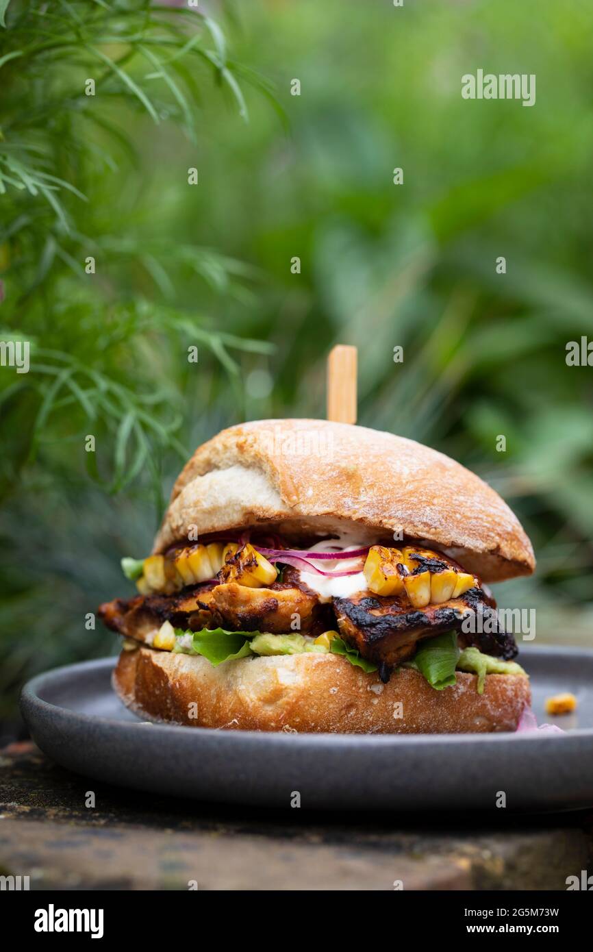 Pain rustique avec poulet chipotle, maïs grillé et avocat Banque D'Images