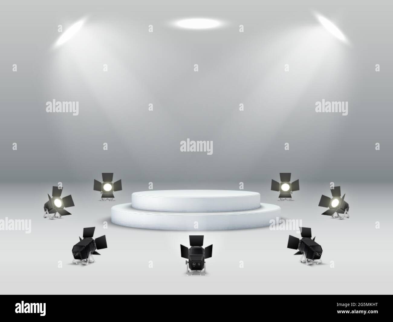 Podium blanc vide entouré de spots podium sur fond blanc. Illustration de Vecteur