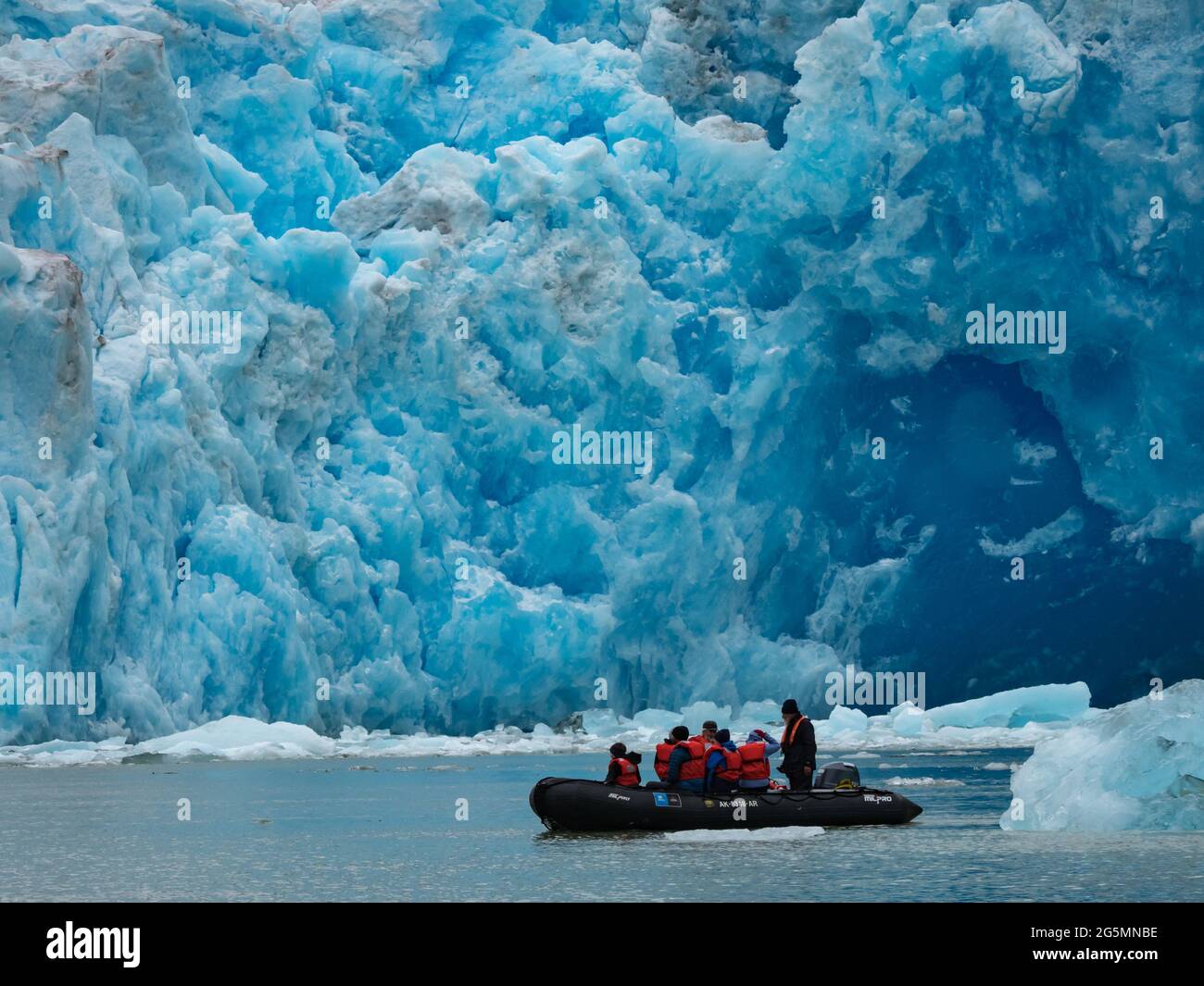 Exploration du glacier de Tidewater du glacier de South Sawyer par zodiaque dans la région sauvage de Tracy Arm, forêt nationale de Tongass, Alaska USA Banque D'Images