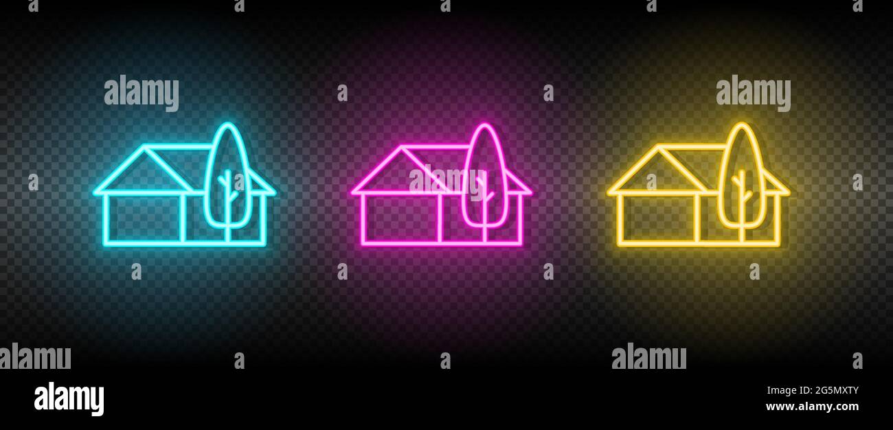 Immobilier vecteur maison, maison. Illustration bleu néon, jaune, rouge ensemble d'icônes. Illustration de Vecteur