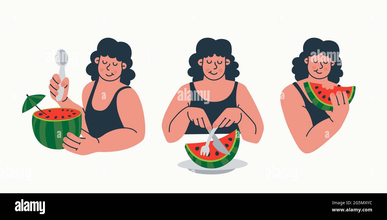 Ensemble de personnages femmes mangeant de pastèque. Comment manger une pastèque. Façons de manger des fruits. Concept d'été, jour de la pastèque. Illustration tendance Vector. Illustration de Vecteur