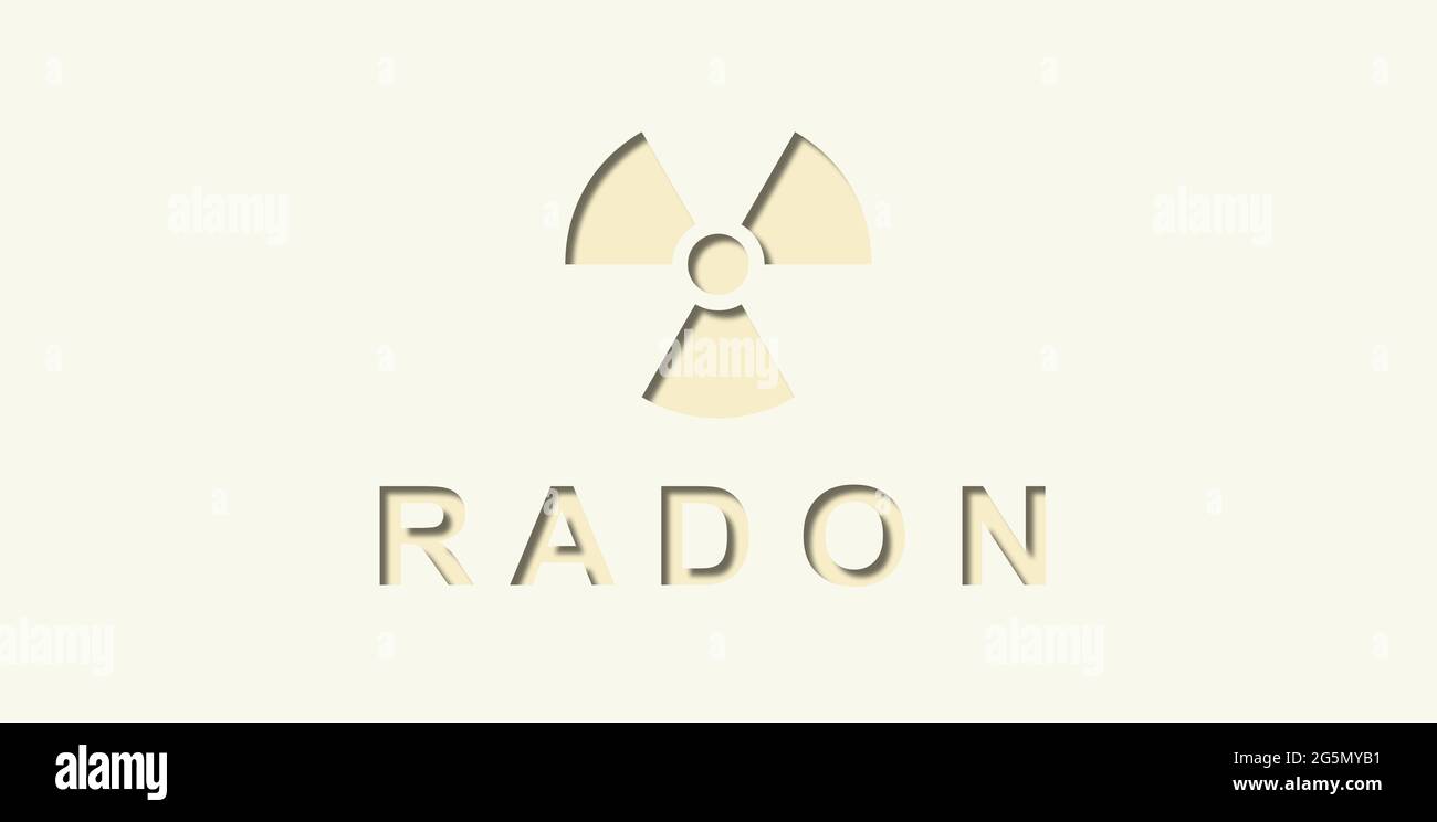 GAZ NOBLE.Image de détail DE RADON.Affiche sur le rayonnement de fond.Logo de radioactivité radioactive, incolore, inodore et insipide au gaz noble sur fond jaune. Banque D'Images