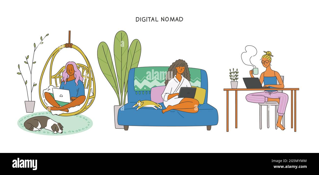 Femmes dans des vêtements confortables et assis sur des chaises pour travailler. Illustration de Vecteur