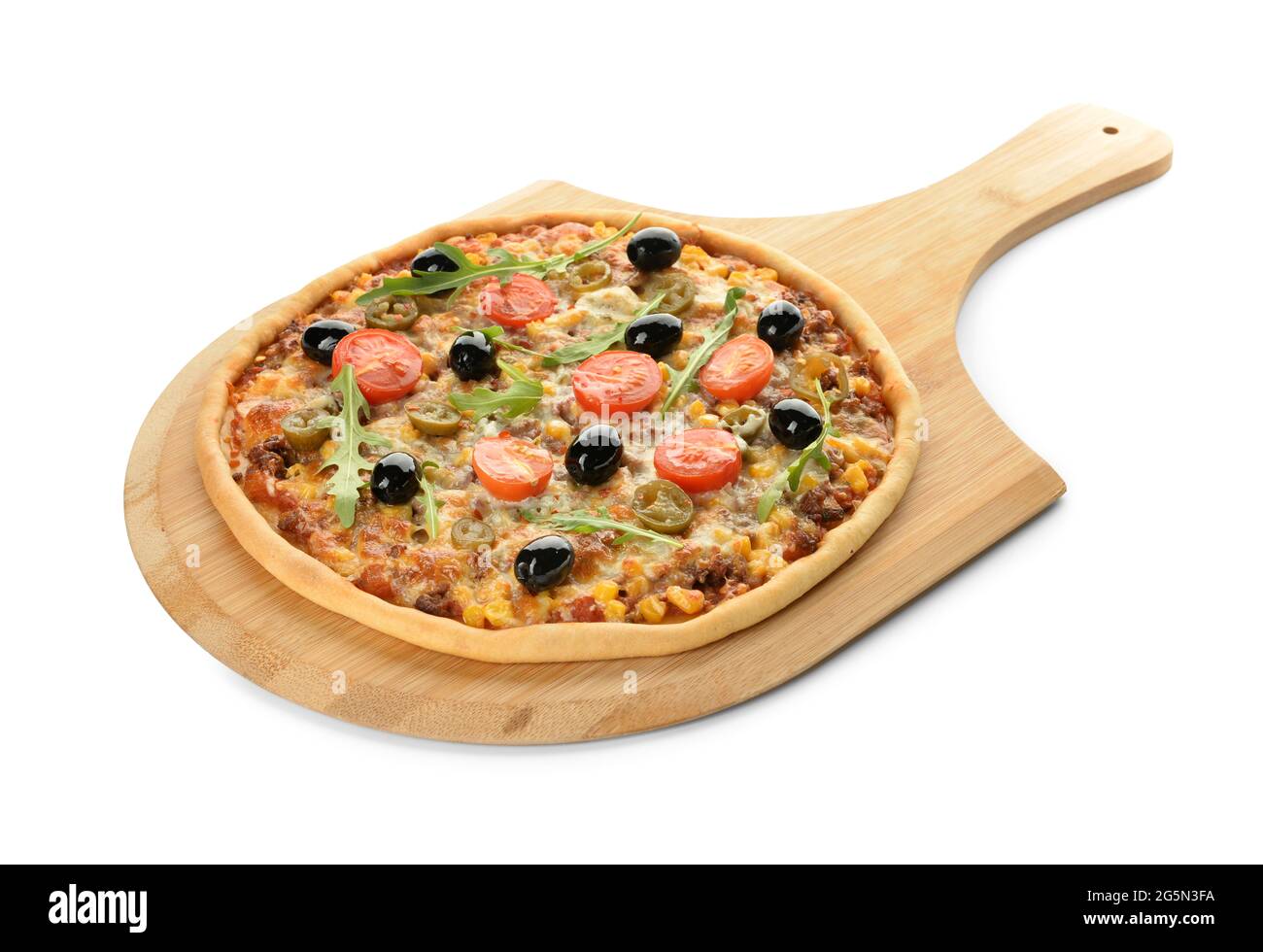 Carte avec pizza savoureuse sur fond blanc Banque D'Images