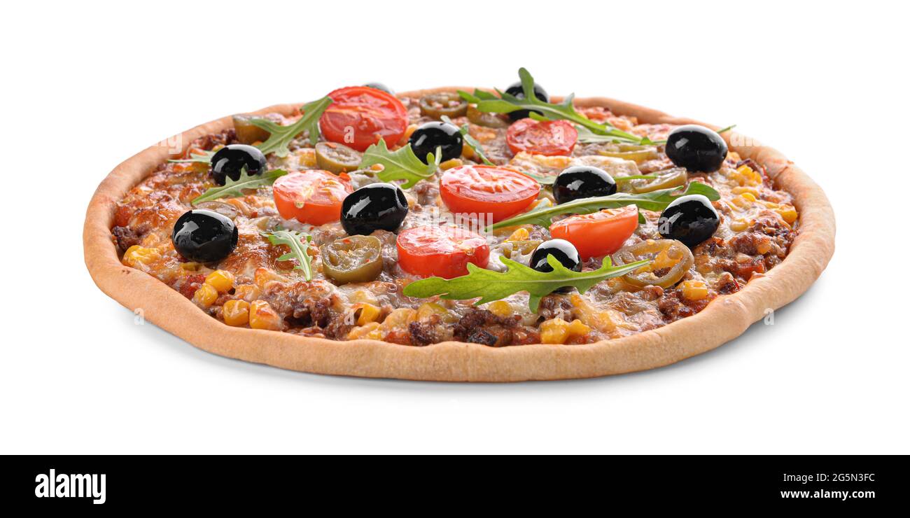 Pizza savoureuse sur fond blanc Banque D'Images