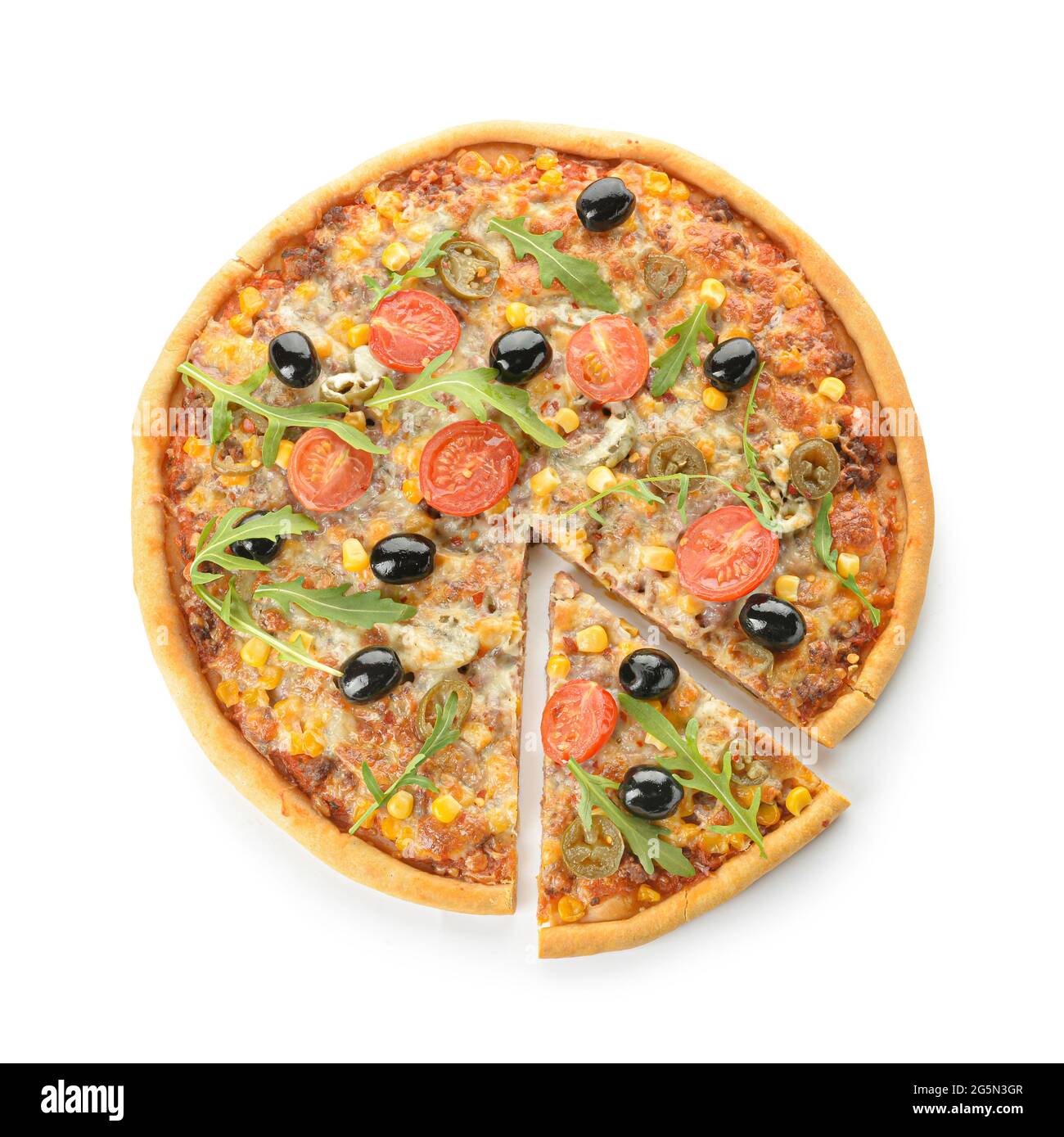 Pizza savoureuse sur fond blanc Banque D'Images