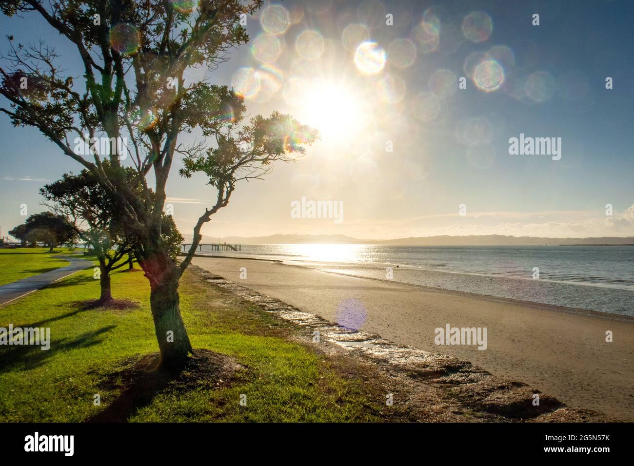 Le soleil se lève au-dessus de Shelly Beach, dans le port de Kaipara, en Nouvelle-Zélande, lors d'une journée d'hiver claire. Banque D'Images