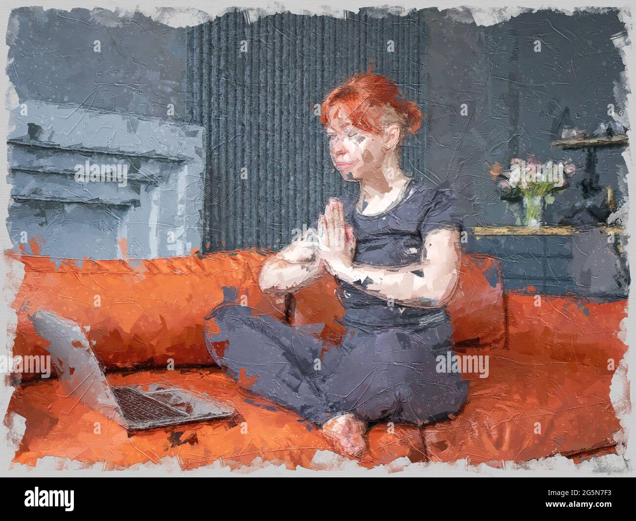 Elle a plié les bras dans une posture méditative assise sur un canapé en face d'un ordinateur portable. Image dans le style impasto. Grande technique de brossage Banque D'Images